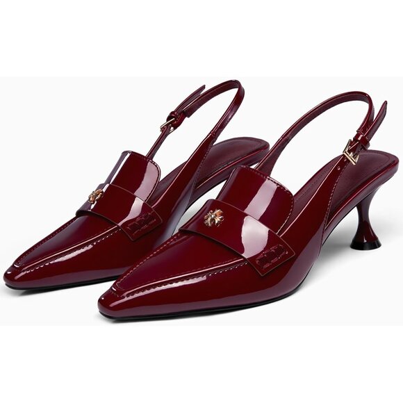 Women's Red Pointed Toe Sandals Slingback Kitten Heel Pumps Slip On Ankle Buckle - Picture 4 of 5